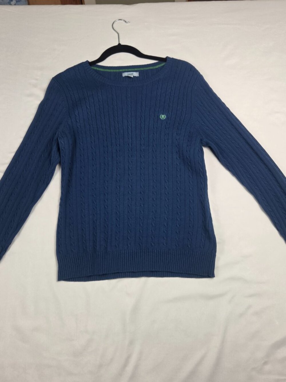 IZOD Mens Sweater Large L Blue Cable Knit 100% Cotton Crewneck Lime Green Crest